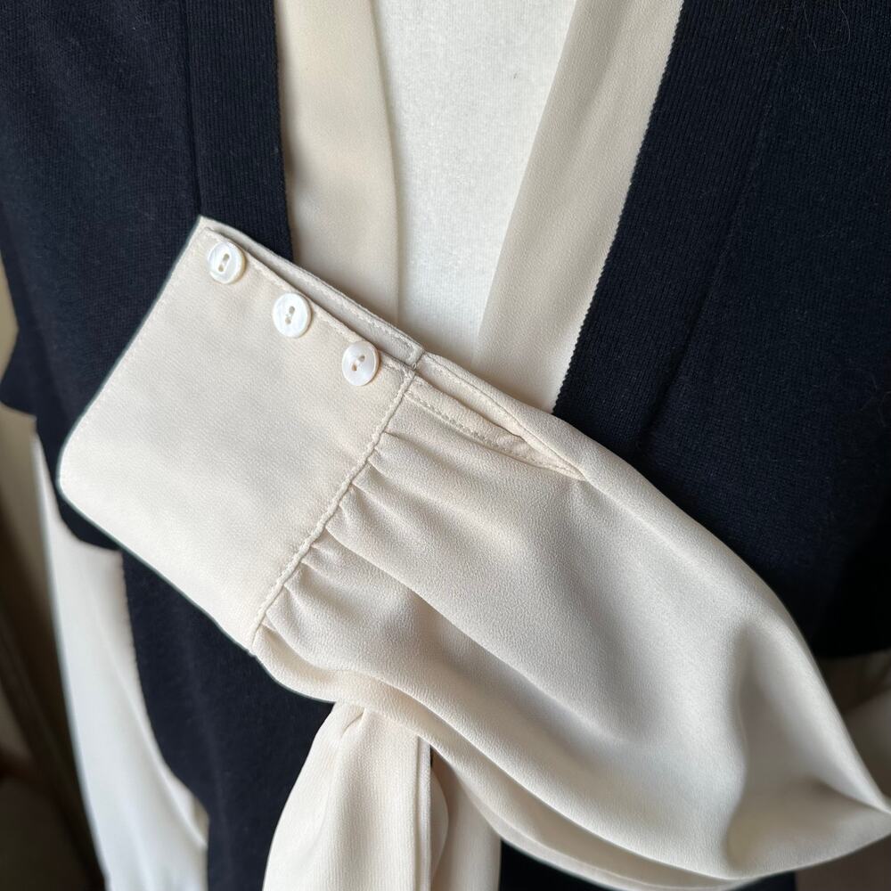 Anthropologie Navy/Cream Layered Tie Neck Sweater Blouse Twee Dark Academia - Picture 5 of 8